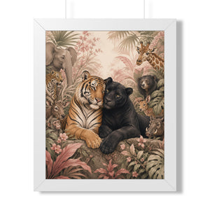 Framed Vertical Poster — Jungle Lovers Tiger & Black Panther Woodland Animal Art Print