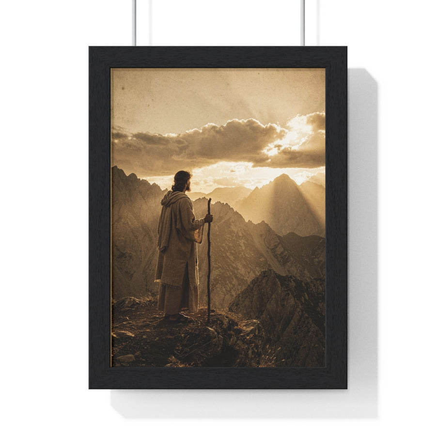 Framed Poster – Lone Wanderer in Golden Mountain Light